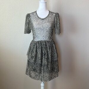 Zara leopard print tiered mini dress sheer bodice, short sleeves round neckline